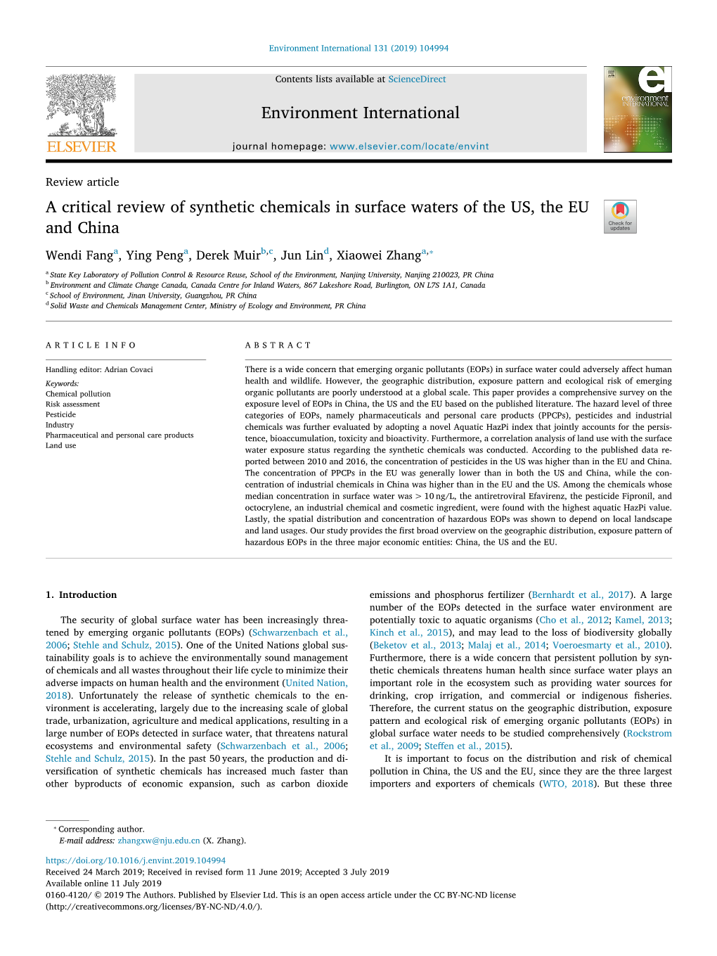 A Critical Review of Synthetic Chemicals in Surface Waters of the US, the EU and China