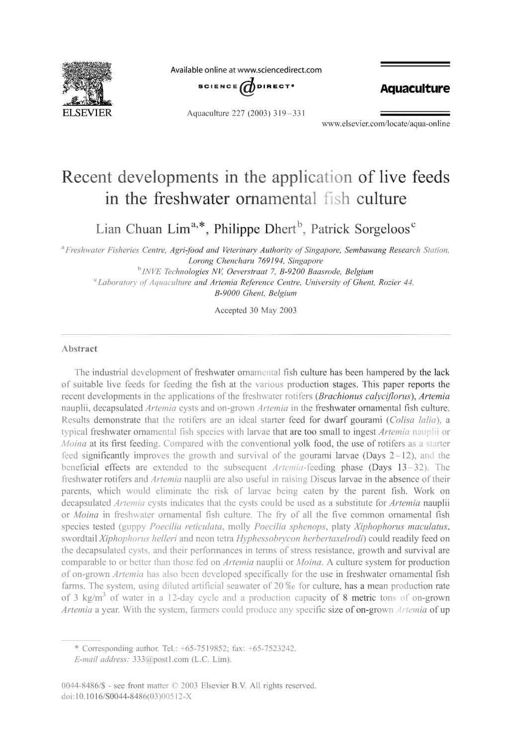 Recent Developments in the Application of Live Feeds in the Freshwater Ornamental Fish Culture