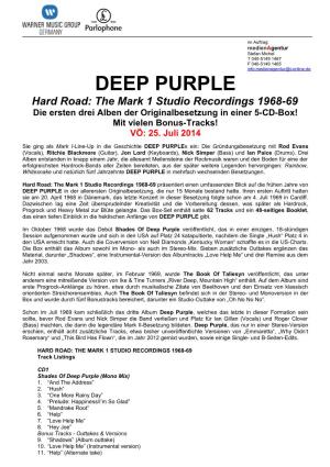 DEEP PURPLE Hard Road: the Mark 1 Studio Recordings 1968-69 Die Ersten Drei Alben Der Originalbesetzung in Einer 5-CD-Box! Mit Vielen Bonus-Tracks! VÖ: 25
