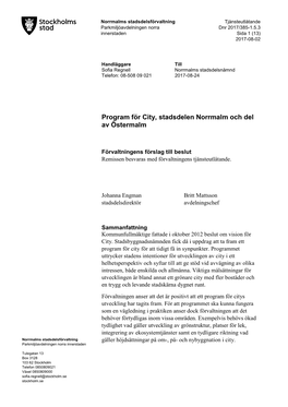 Program För City, Stadsdelen Norrmalm Och Del Av Östermalm