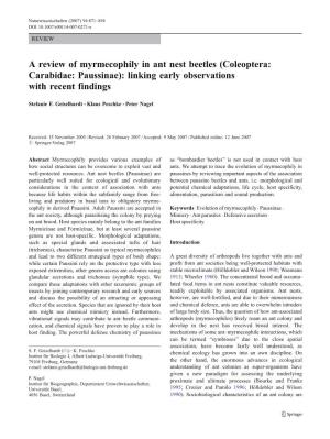 A Review of Myrmecophily in Ant Nest Beetles (Coleoptera: Carabidae: Paussinae): Linking Early Observations with Recent Findings