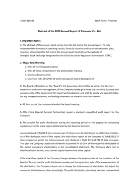 Abstract of the 2020 Annual Report of Trinasolar Co., Ltd. I. Important
