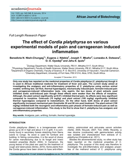 The Effect of Cordia Platythyrsa on Various Experimental Models of Pain and Carrageenan Induced Inflammation