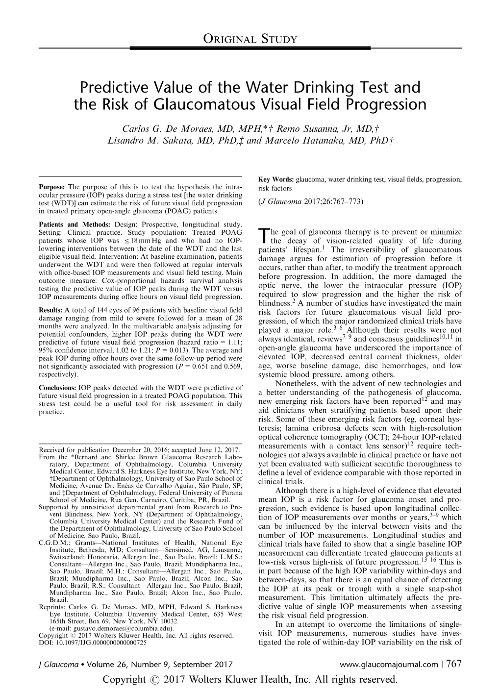Predictive Value of the Water Drinking Test and the Risk of Glaucomatous Visual Field Progression