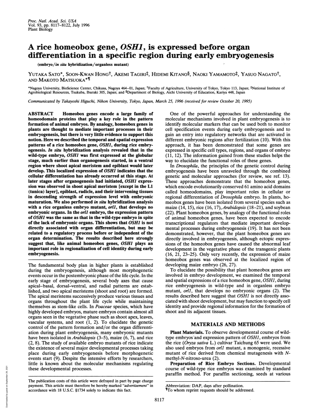 A Rice Homeobox Gene, OSHJ, Is Expressed Before Organ