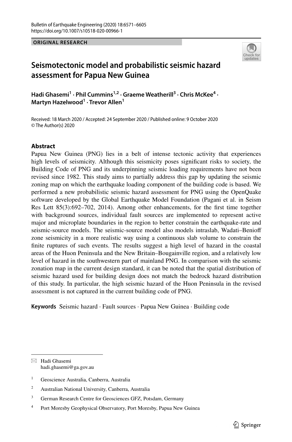 Seismotectonic Model and Probabilistic Seismic Hazard Assessment for Papua New Guinea