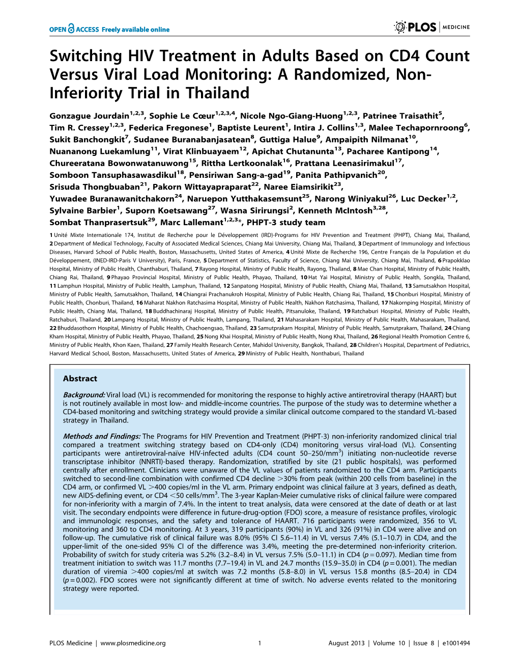 Switching HIV Treatment in Adults Based on CD4 Count Versus Viral Load Monitoring: a Randomized, Non- Inferiority Trial in Thailand