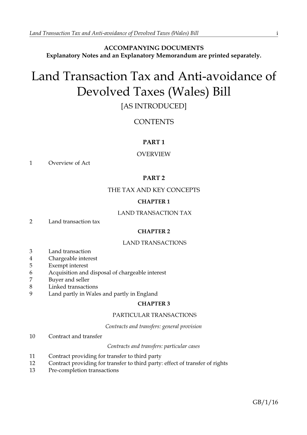 Land Transaction Tax and Anti-Avoidance of Devolved Taxes (Wales) Bill I