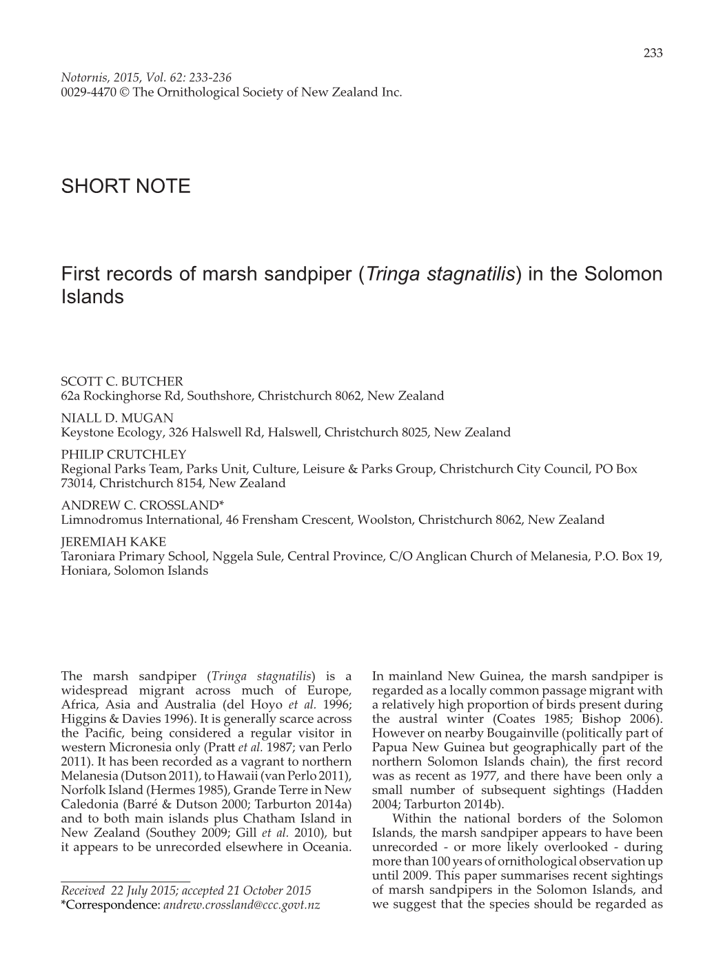 SHORT NOTE First Records of Marsh Sandpiper (Tringa Stagnatilis)