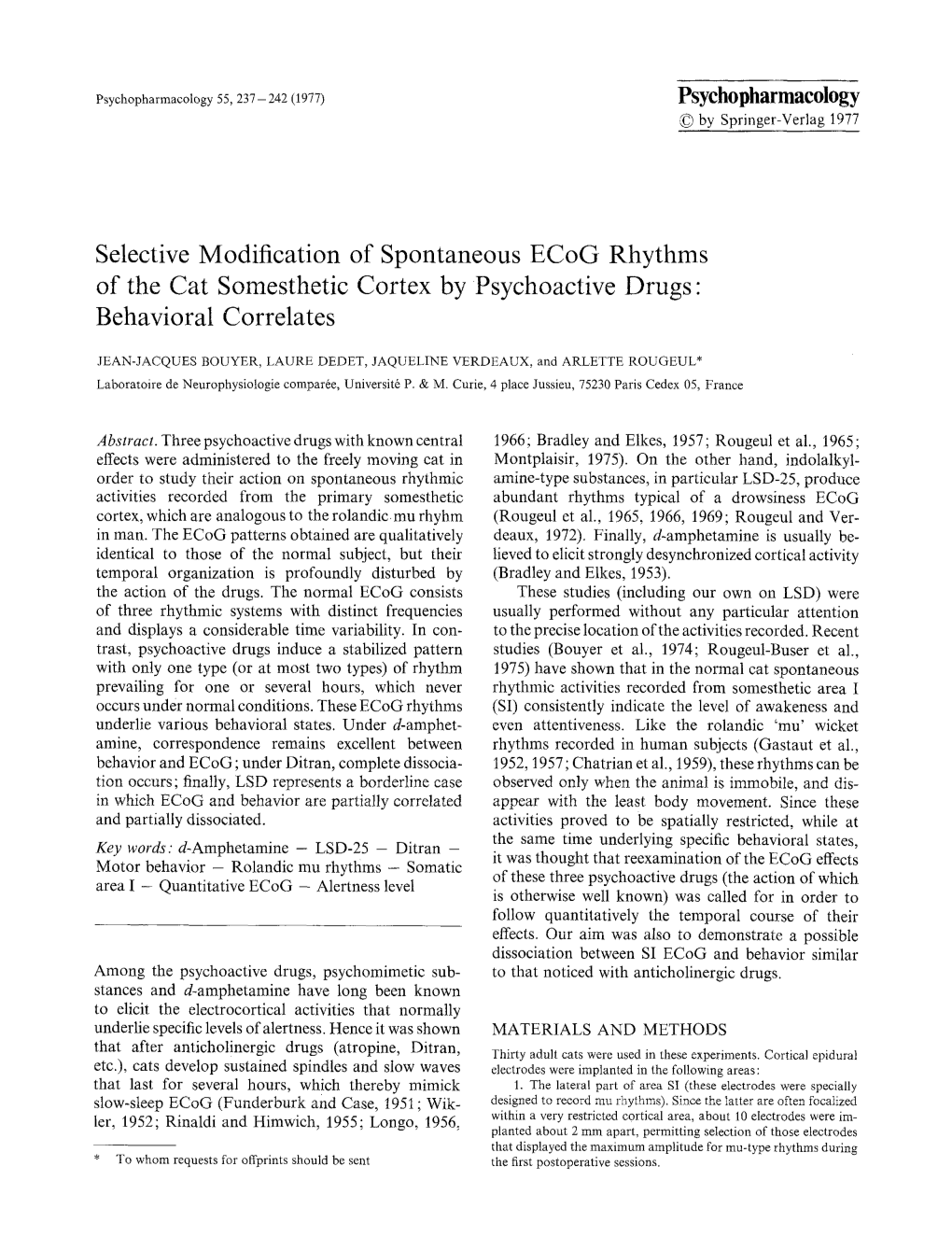 Selective Modification of Spontaneous Ecog Rhythms of the Cat Somesthetic Cortex by Psychoactive Drugs