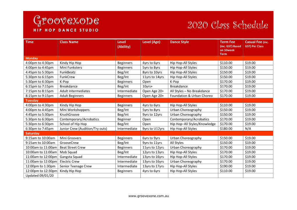 2020 Class Schedule