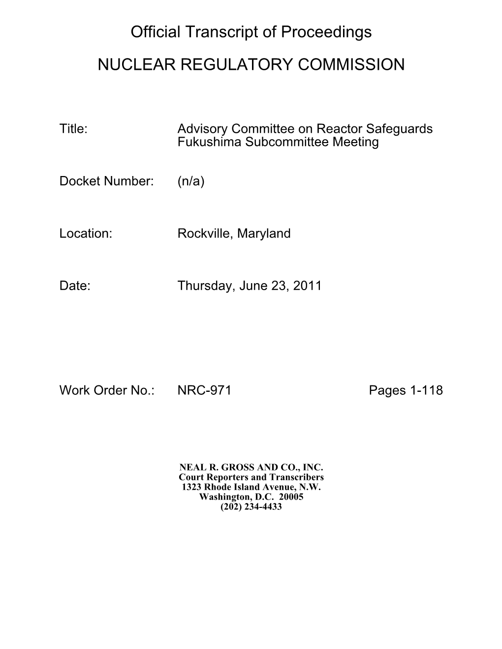 Official Transcript of Proceedings NUCLEAR REGULATORY COMMISSION