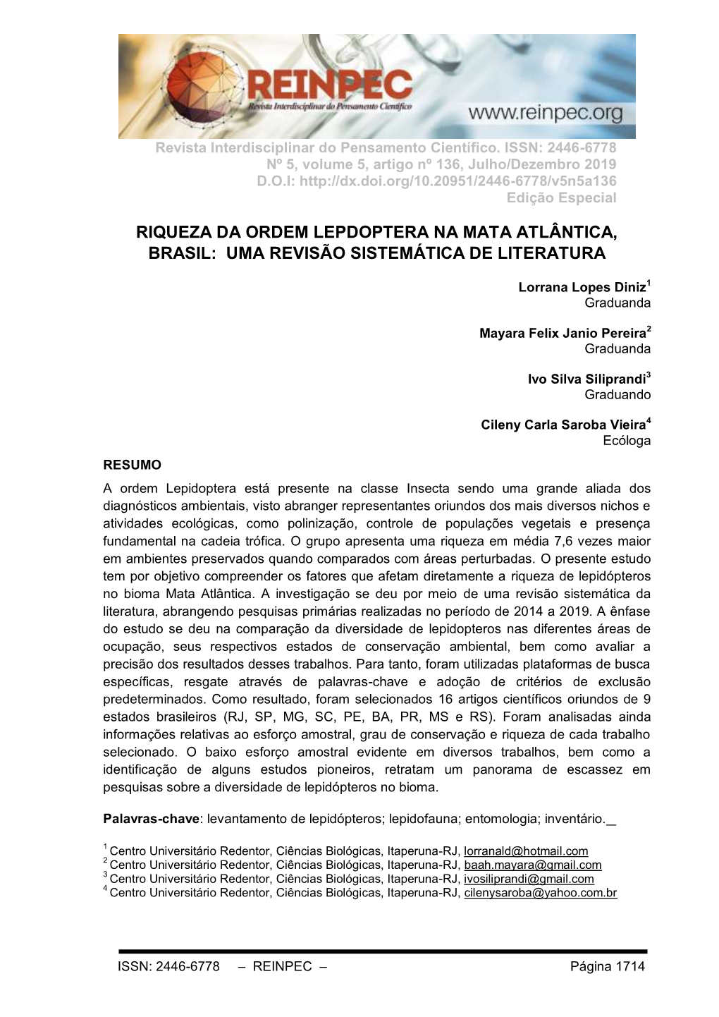 Riqueza Da Ordem Lepdoptera Na Mata Atlântica, Brasil: Uma Revisão Sistemática De Literatura