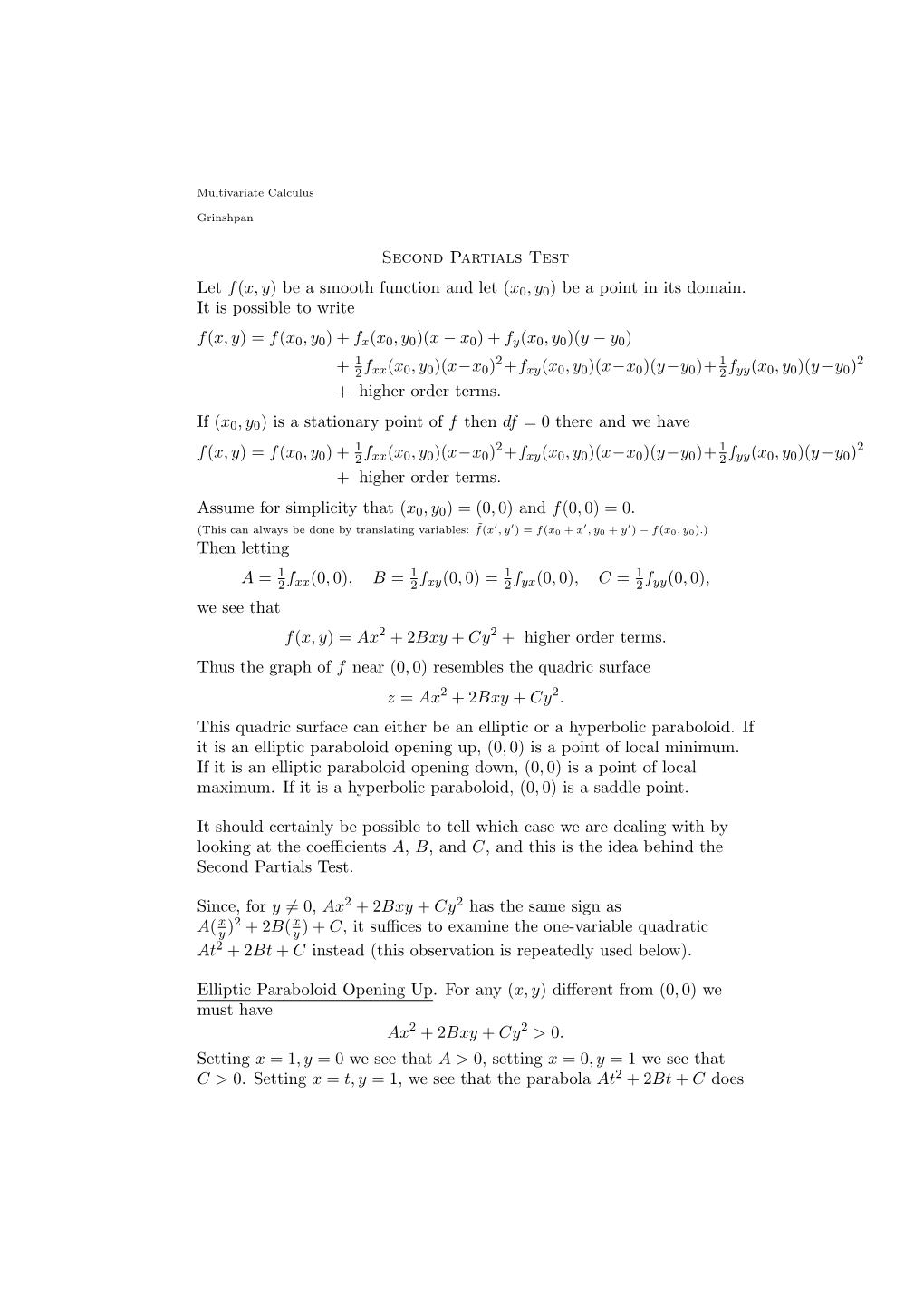 Second Partials Test Let F(X, Y) Be a Smooth Function and Let (X0,Y0)