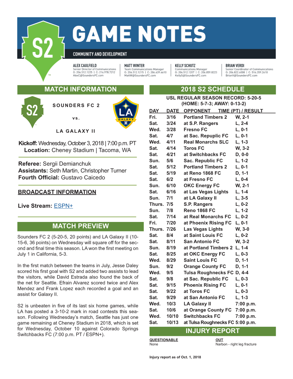 S2 Vs. LA GALAXY II Wednesday, October 3, 2018 - 7:00 P.M