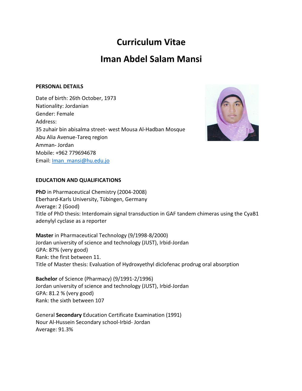 Curriculum Vitae Iman Abdel Salam Mansi