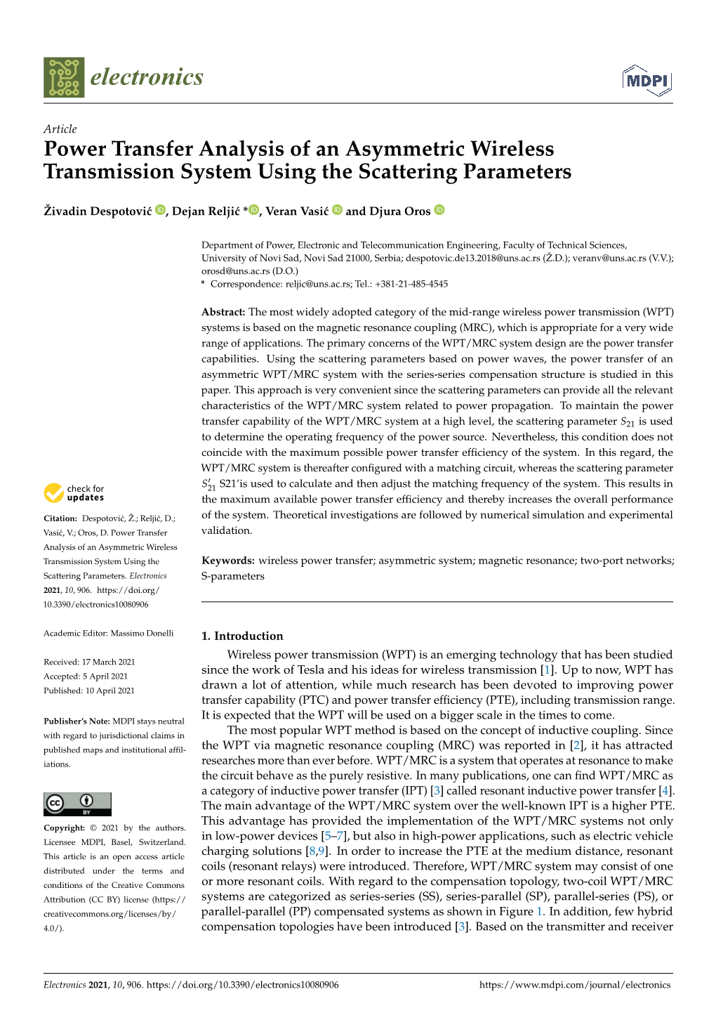 Power Transfer Analysis of an Asymmetric Wireless Transmission System Using the Scattering Parameters