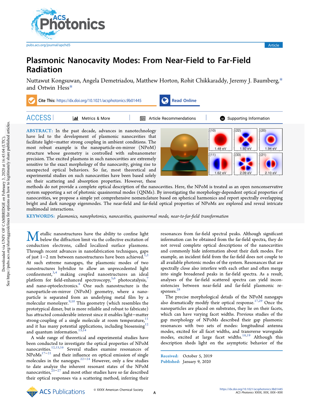 Plasmonic Nanocavity Modes: from Near-Field to Far-Field Radiation Nuttawut Kongsuwan, Angela Demetriadou, Matthew Horton, Rohit Chikkaraddy, Jeremy J