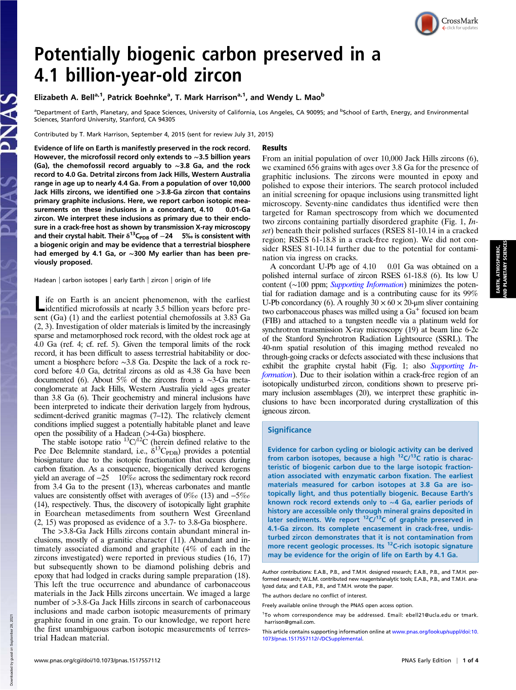 Potentially Biogenic Carbon Preserved in a 4.1 Billion-Year-Old Zircon