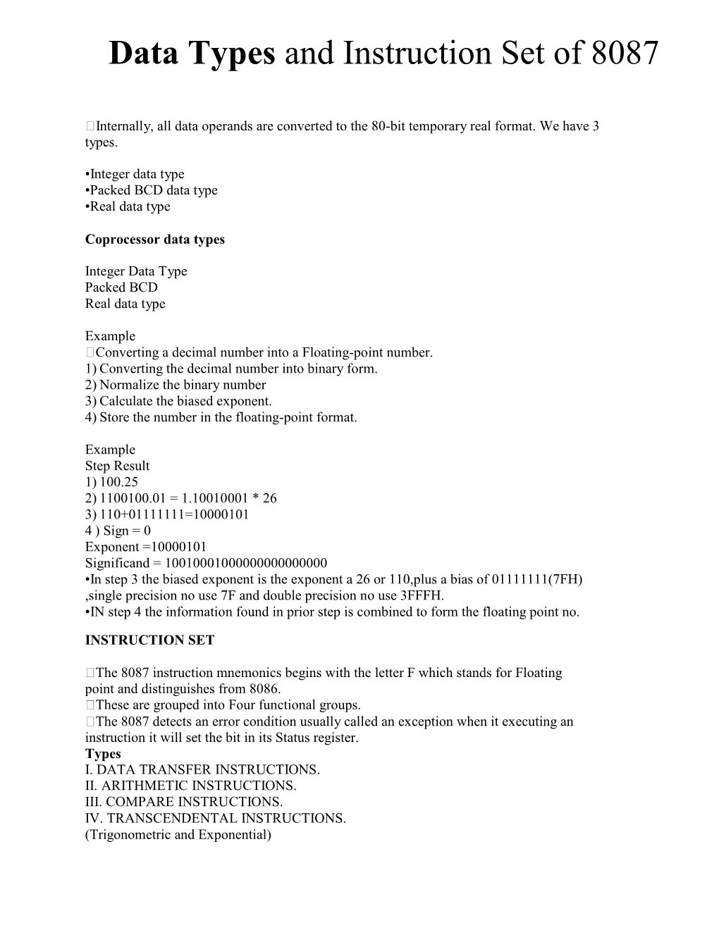 Data Types and Instruction Set of 8087