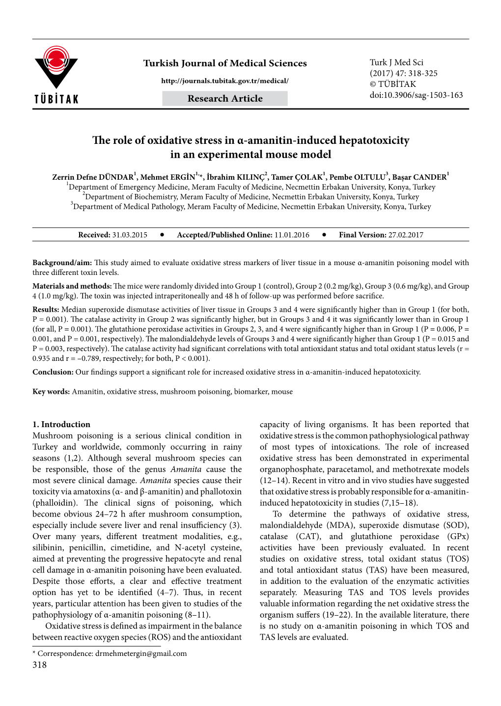 The Role of Oxidative Stress in Α-Amanitin-Induced Hepatotoxicity in an Experimental Mouse Model