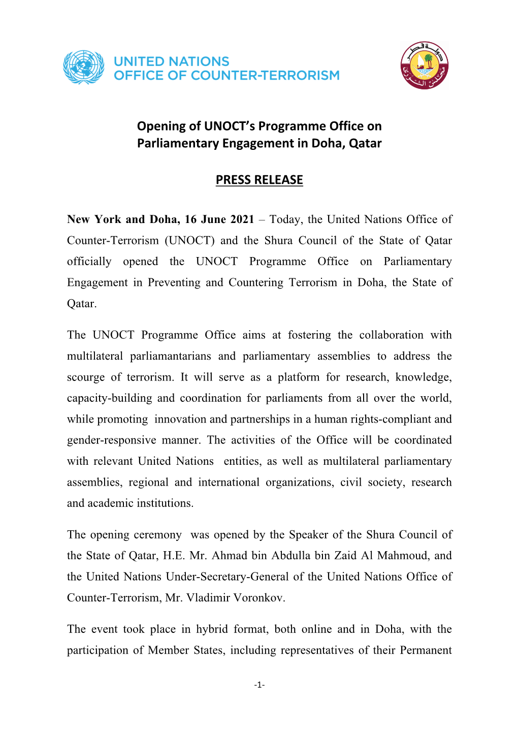 Opening of UNOCT's Programme Office on Parliamentary