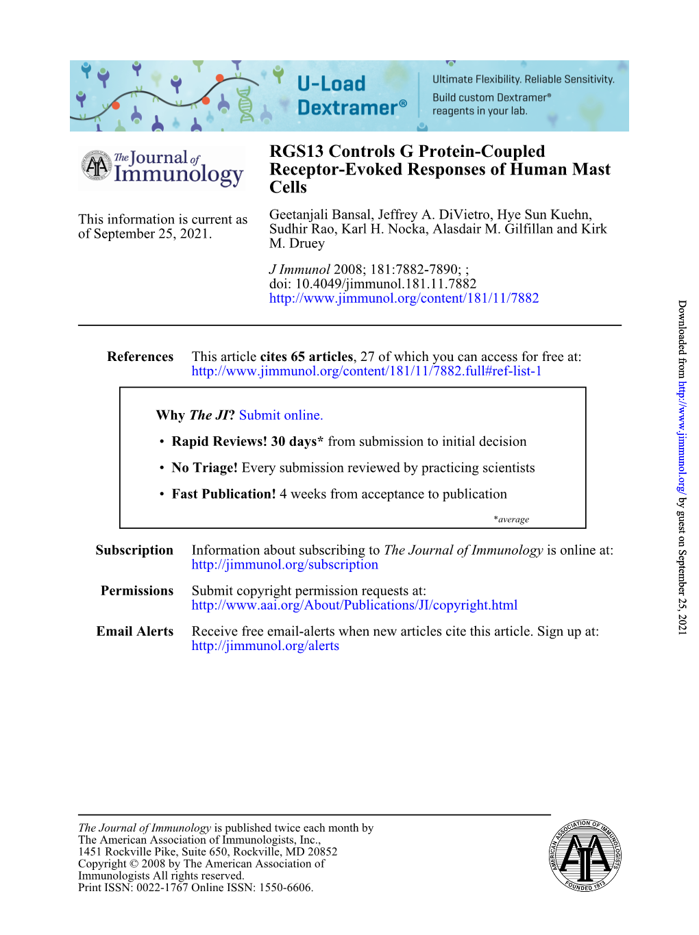 Cells Receptor-Evoked Responses of Human Mast RGS13 Controls G