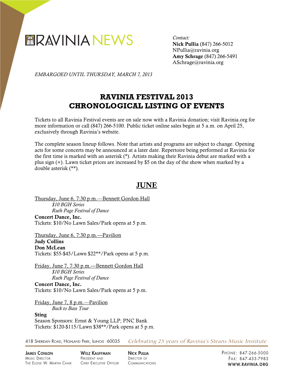 Ravinia Festival 2013 Chronological Listing of Events