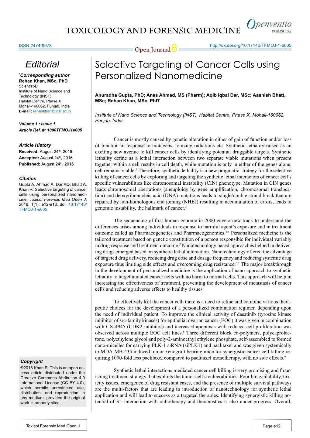 Selective Targeting of Cancer Cells Using Personalized Nanomedicine Editorial