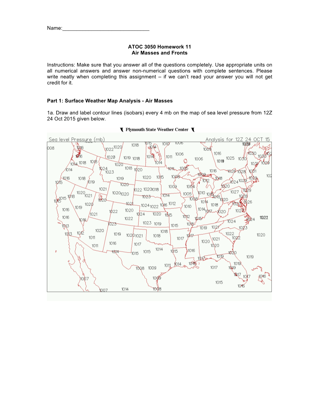 ATOC 3050 Homework 11 Air Masses and Fronts Instructions