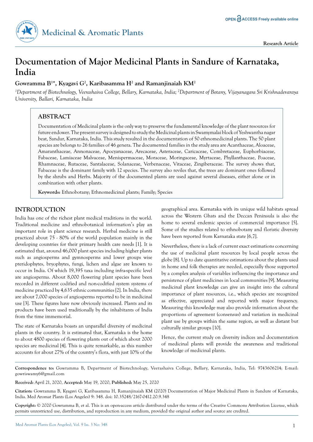 Documentation of Major Medicinal Plants in Sandure of Karnataka, India