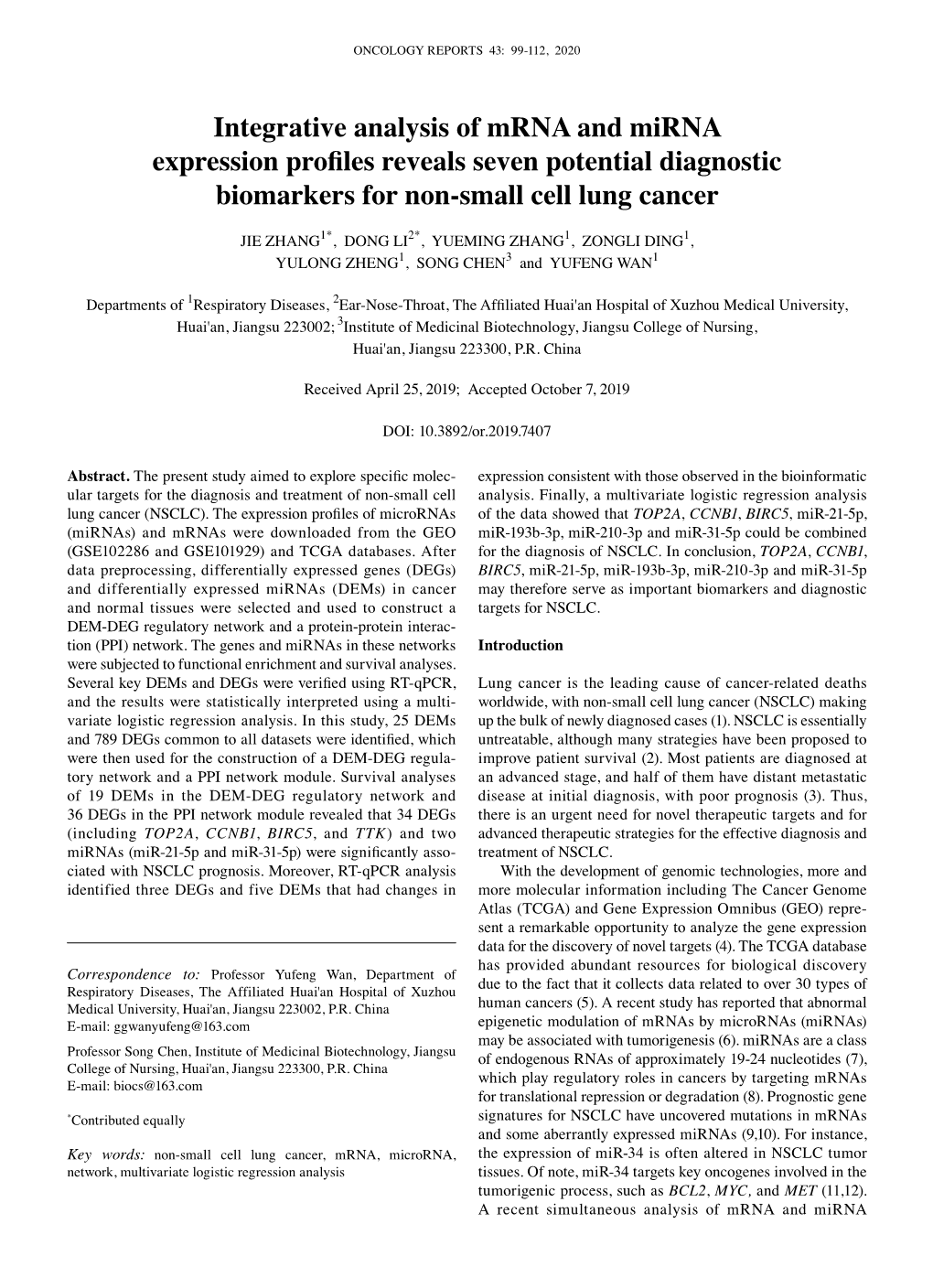 Integrative Analysis of Mrna and Mirna Expression Profiles Reveals Seven Potential Diagnostic Biomarkers for Non‑Small Cell Lung Cancer