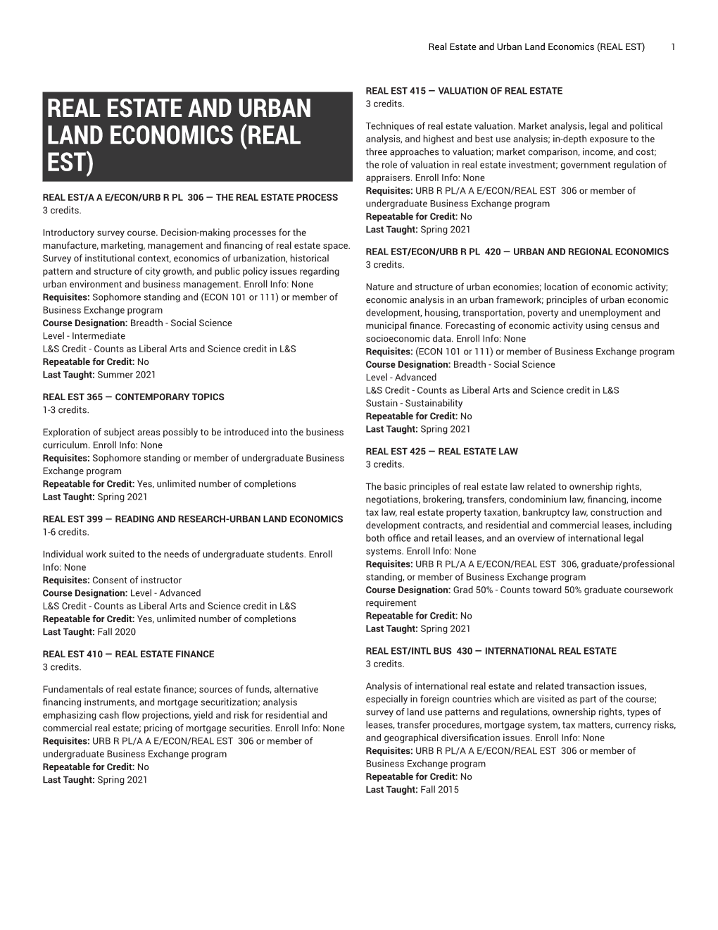 Real Estate and Urban Land Economics (REAL EST) 1