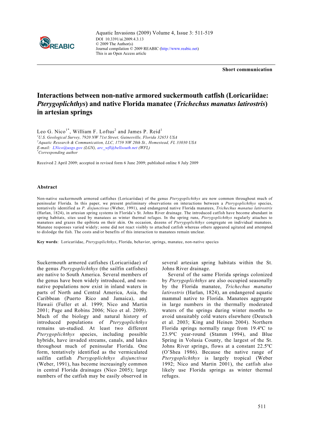 Interactions Between Non-Native Armored Suckermouth Catfish (Loricariidae: Pterygoplichthys) and Native Florida Manatee (Trichec