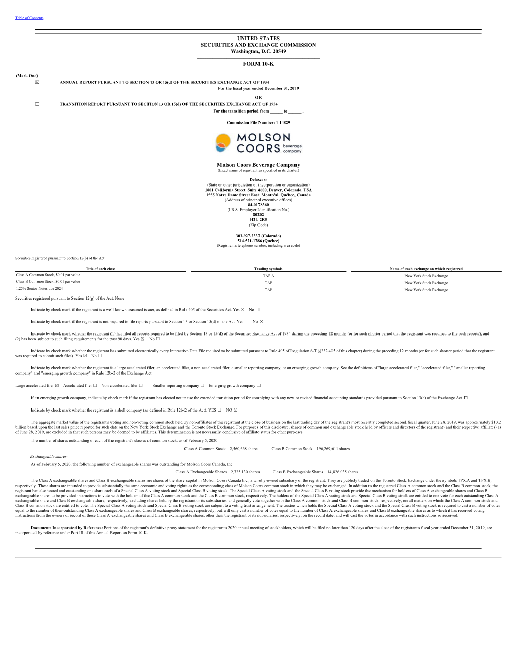 FORM 10-K Molson Coors Beverage Company