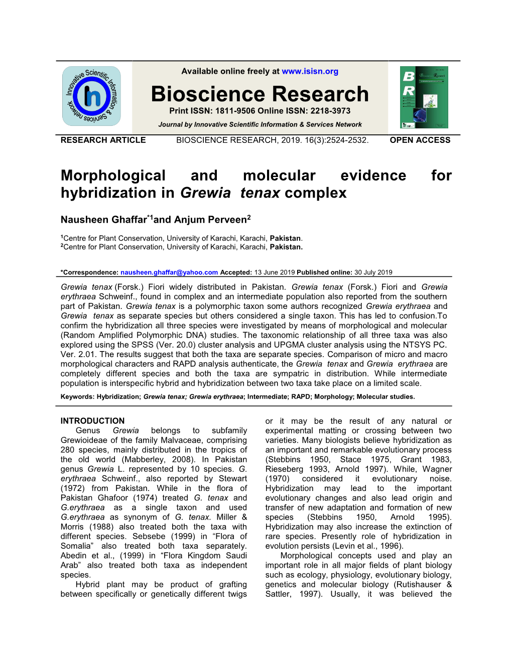 Morphological and Molecular Evidence for Hybridization in Grewia Tenax Complex