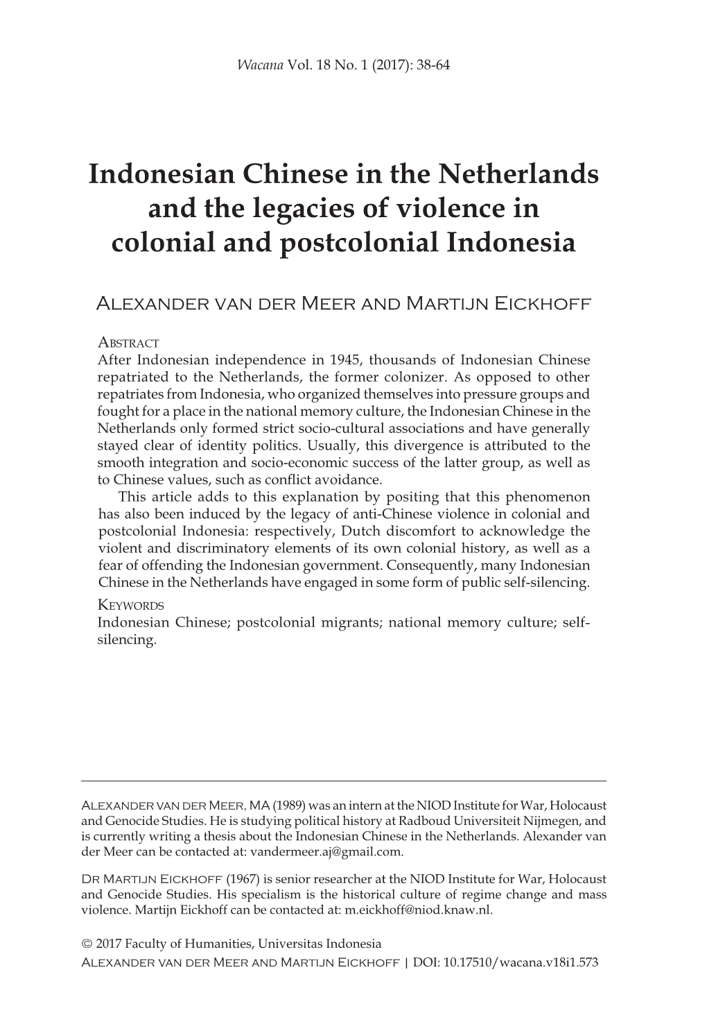 Indonesian Chinese in the Netherlands and the Legacies of Violence in Colonial and Postcolonial Indonesia