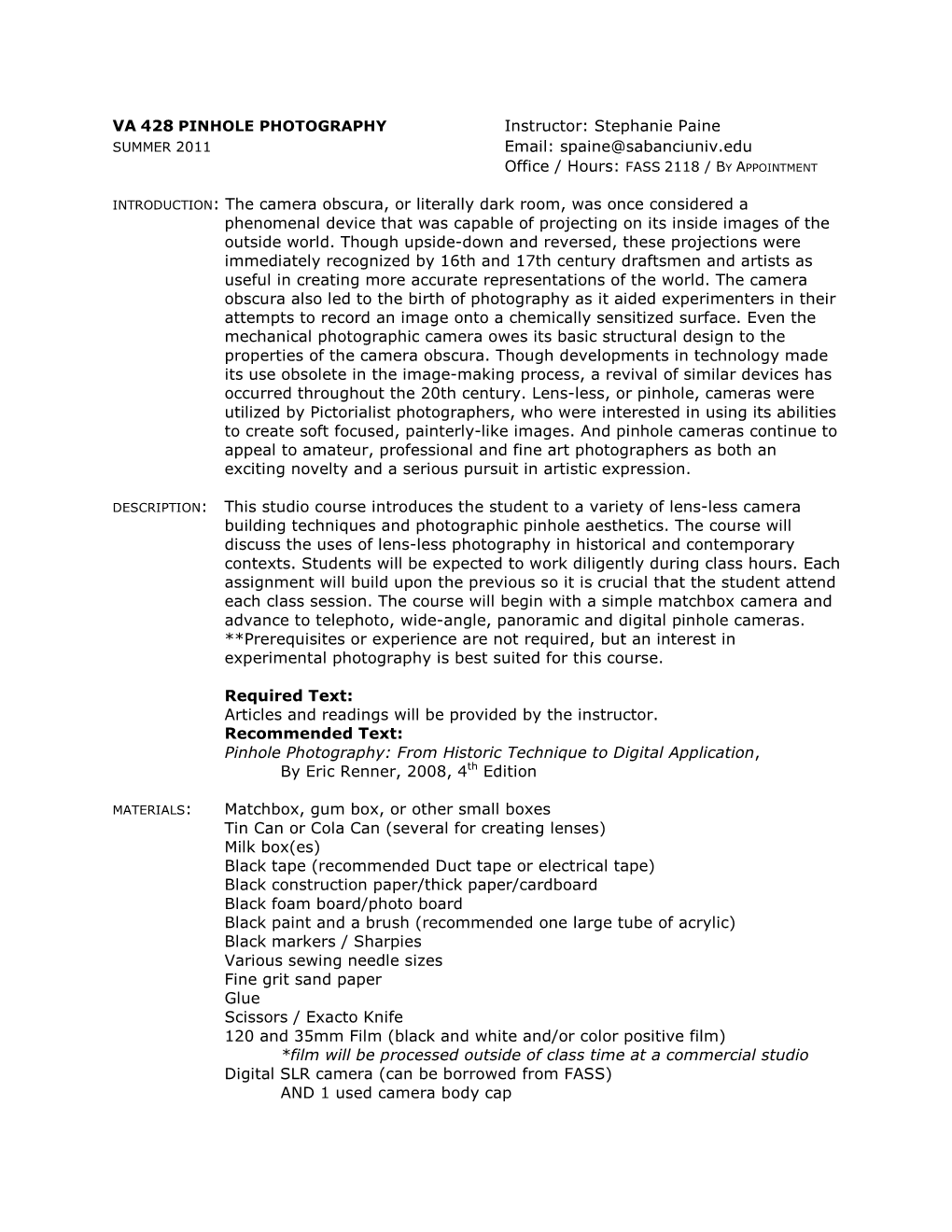 VA428 Pinhole Photography Syllabus