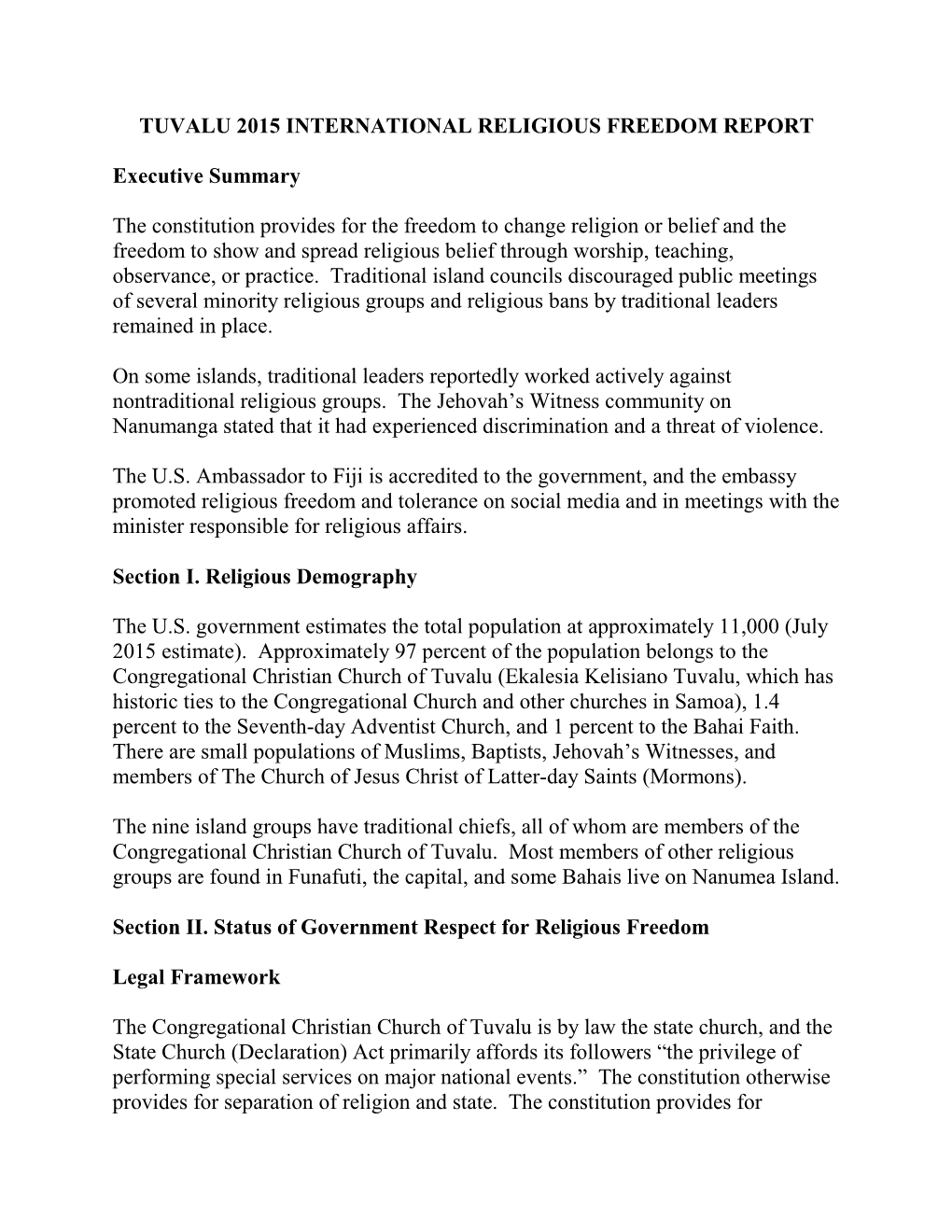 Tuvalu 2015 International Religious Freedom Report