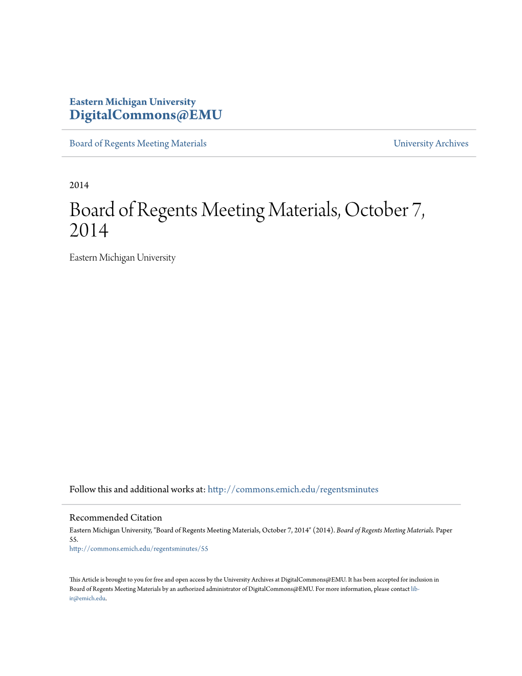 Board of Regents Meeting Materials, October 7, 2014 Eastern Michigan University