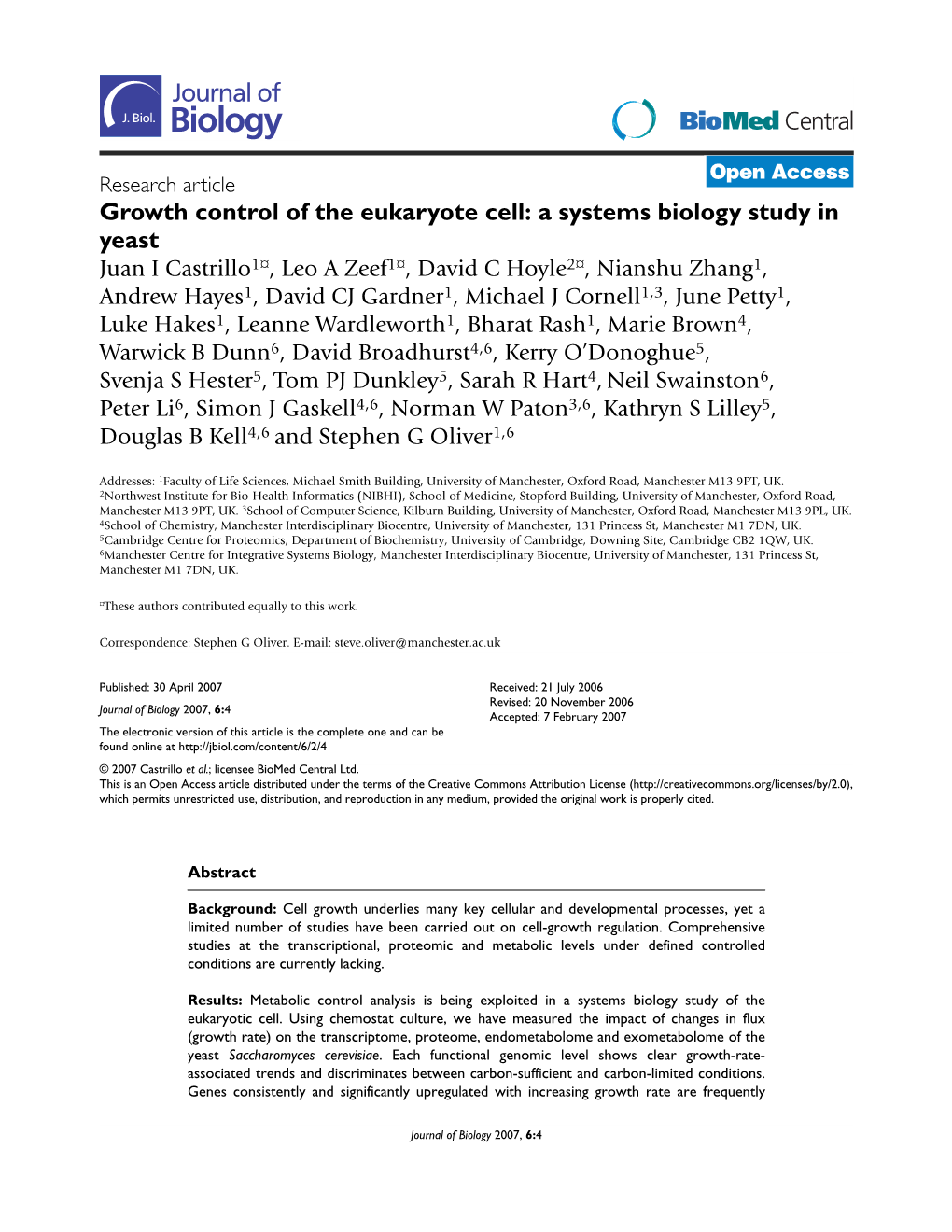 Growth Control of the Eukaryote Cell: a Systems Biology