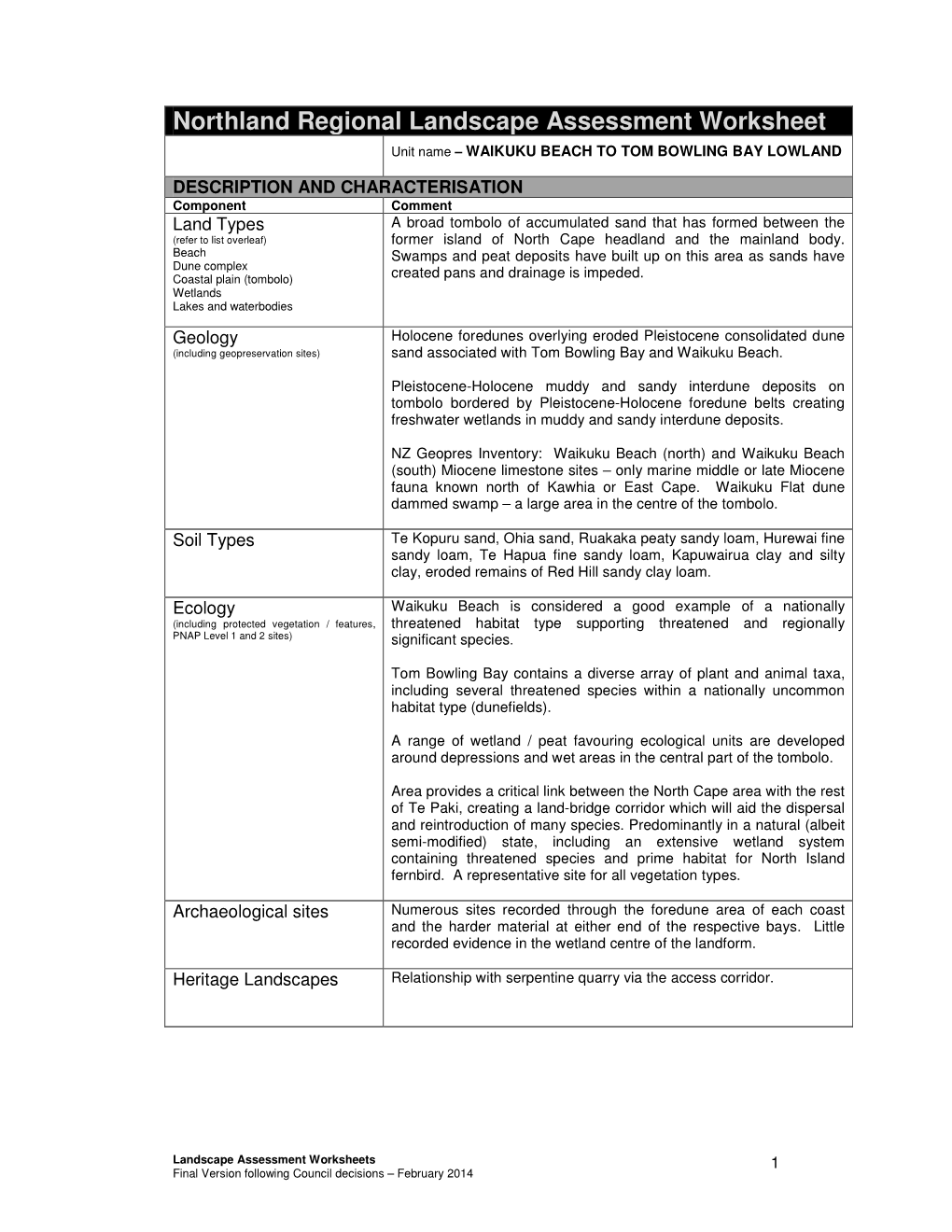 Northland Regional Landscape Assessment Worksheet