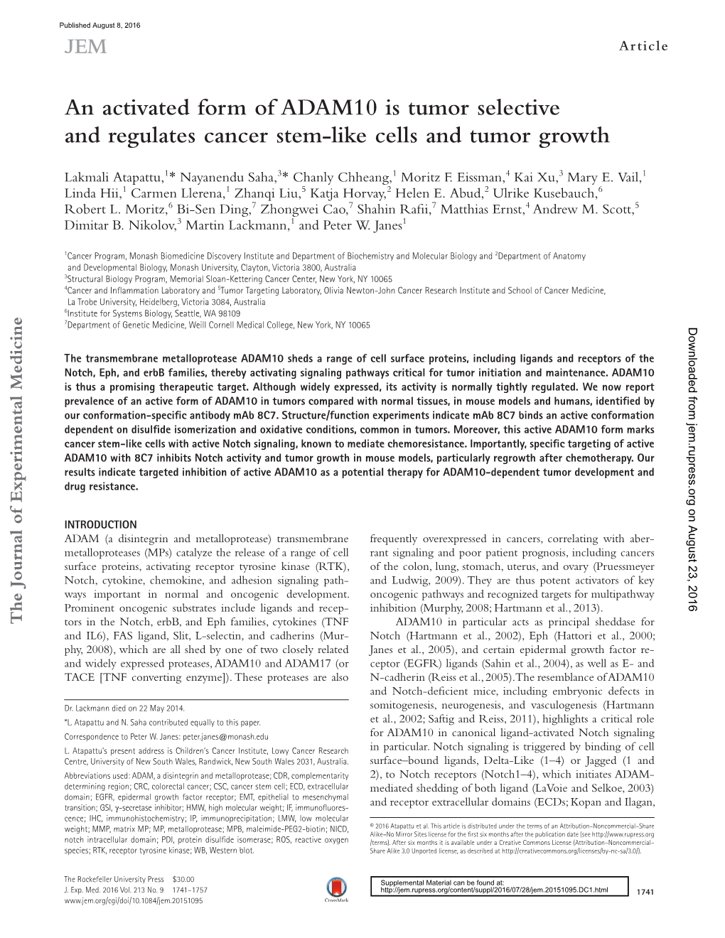 An Activated Form of ADAM10 Is Tumor Selective and Regulates Cancer Stem-Like Cells and Tumor Growth