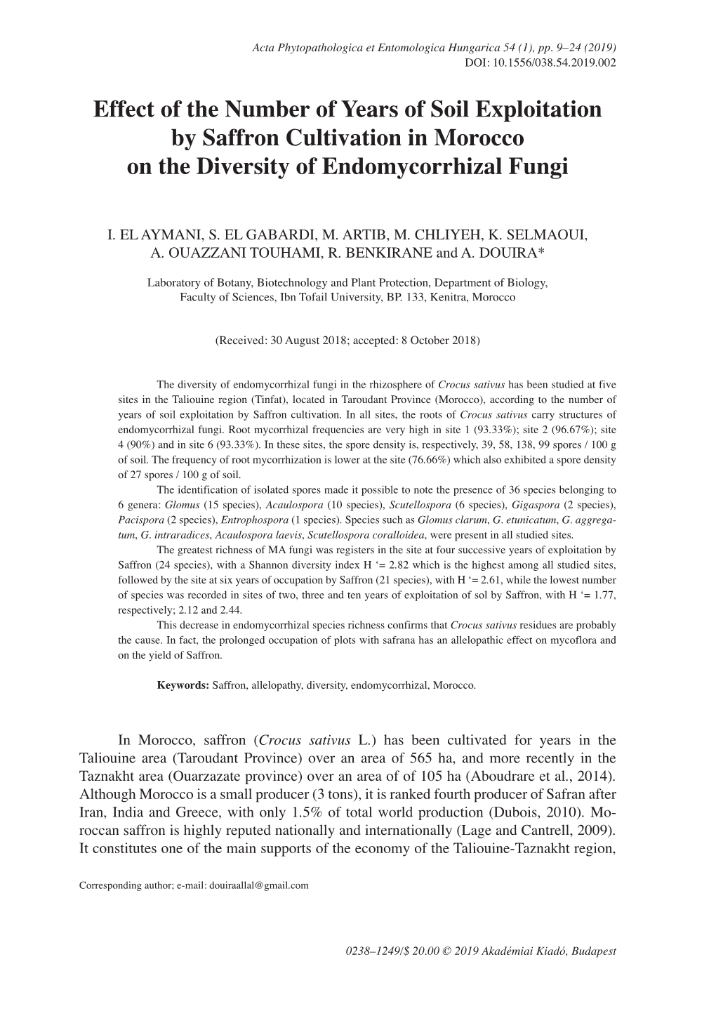 Effect of the Number of Years of Soil Exploitation by Saffron Cultivation in Morocco on the Diversity of Endomycorrhizal Fungi