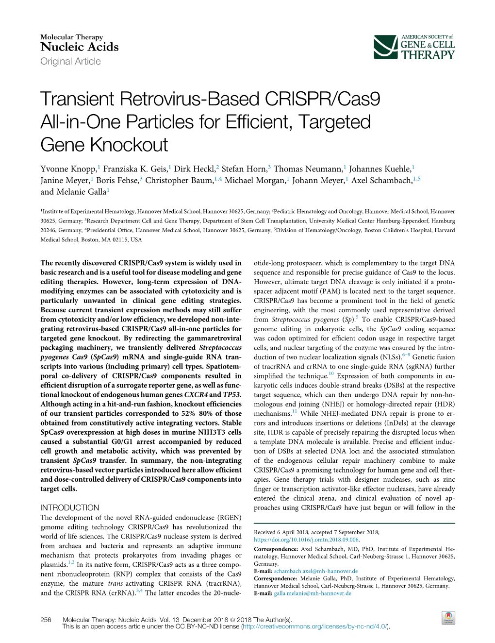 Transient Retrovirus-Based CRISPR/Cas9 All-In-One Particles for Efficient, Targeted Gene Knockout