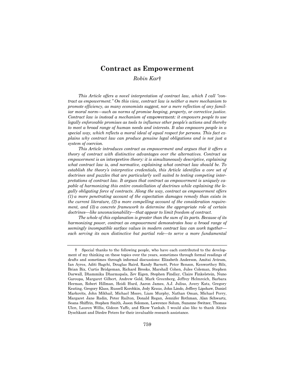 Contract As Empowerment Robin Kar†