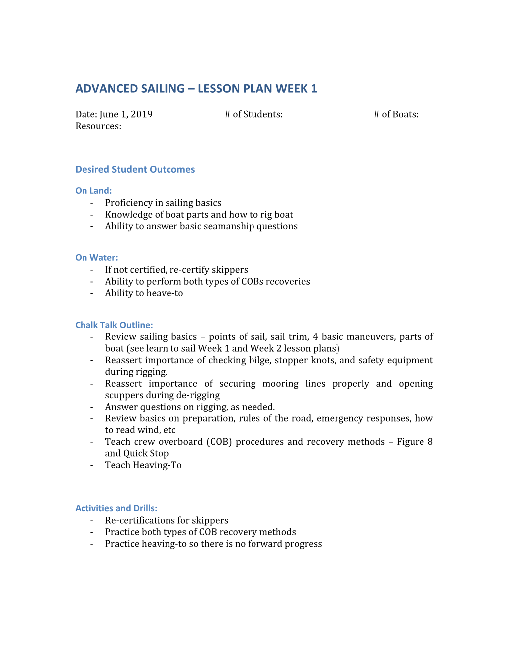 Advanced Sailing – Lesson Plan Week 1