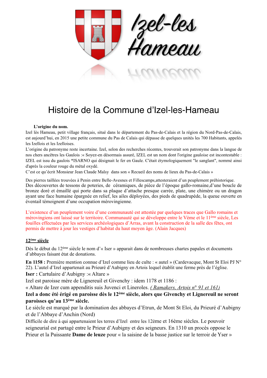 Histoire De La Commune D’Izel-Les-Hameau