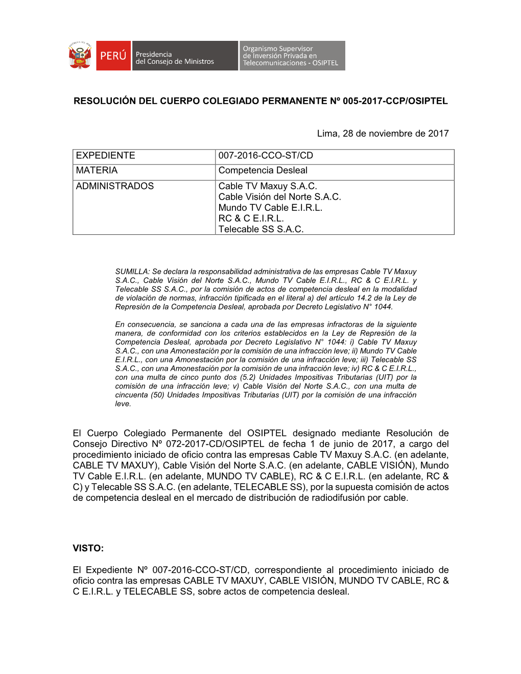 Resolución Del Cuerpo Colegiado Permanente Nº 005-2017-Ccp/Osiptel