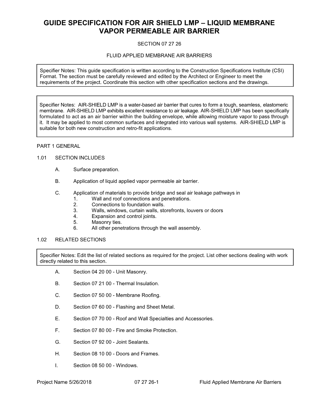 Guide Specification for Air Shield Lmp Liquid Membrane Vapor Permeable Air Barrier